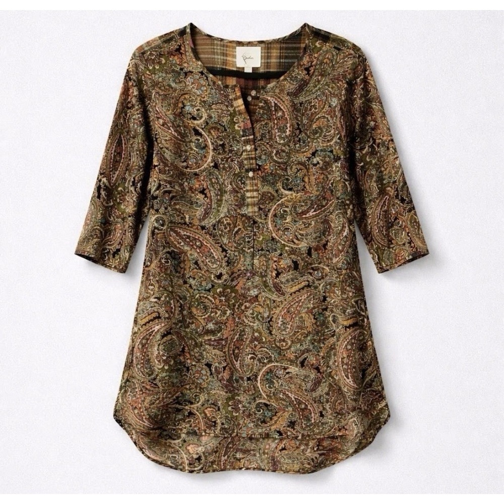Fig & Flower Bohemian Paisley Plaid Henley Tunic Blouse Brown Plus 1X